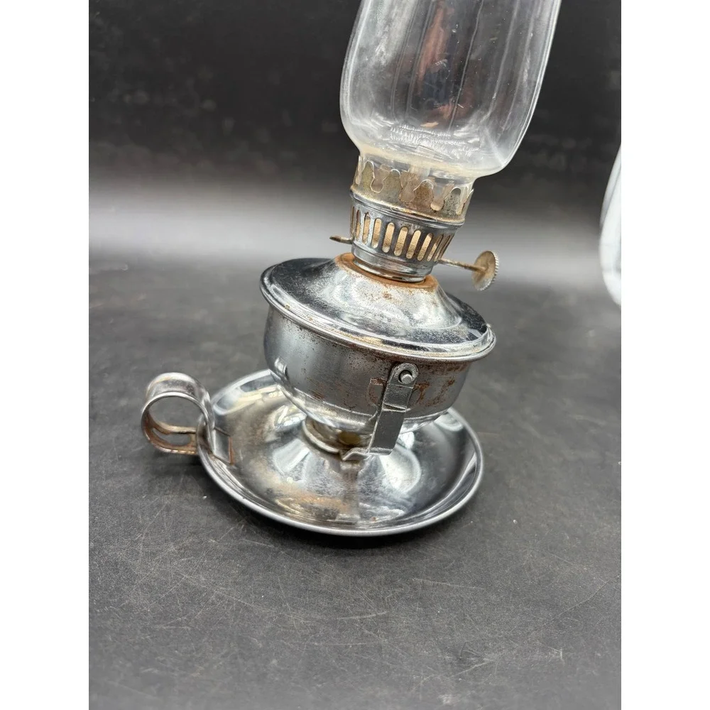 Vintage Miniature Chrome Oil Lamp with Glass Chimney Finger Hold Base